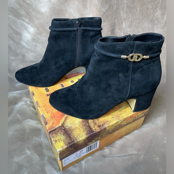 BELLA VITA Diaz Black Kid Suede Block Heel Booties with Chain link detail - Picture 2 of 11